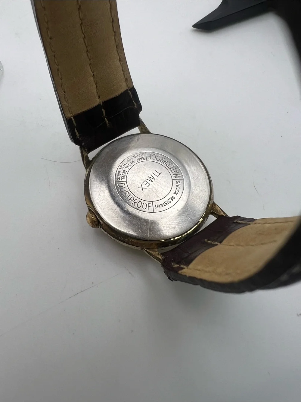 Timex Gold Dial Watch with Dark Brown Leather Strap